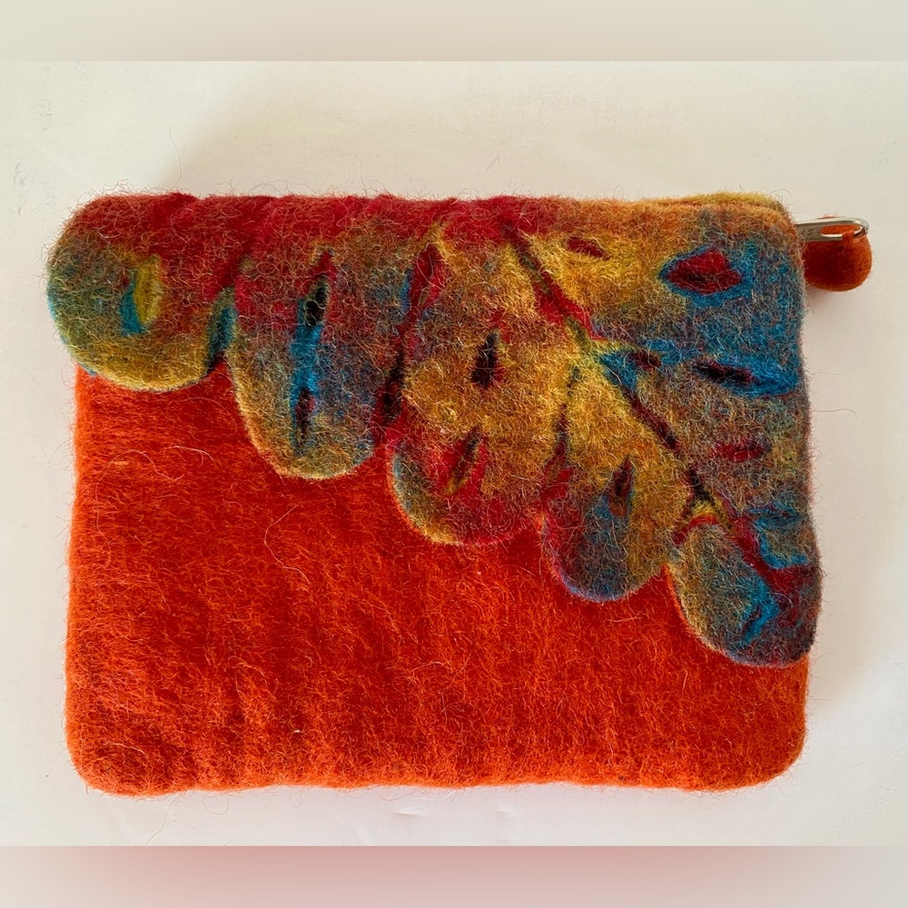 Zip Pouch Felted Boiled 100%Wool Clutch Bag Cosmetic Handmade Orange Leaf Motif